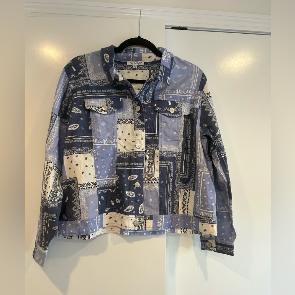 Northstyle Women’s Patchwork Paisley Button Up Jean Jacket Collared Artsy Blue L - Picture 2 of 8